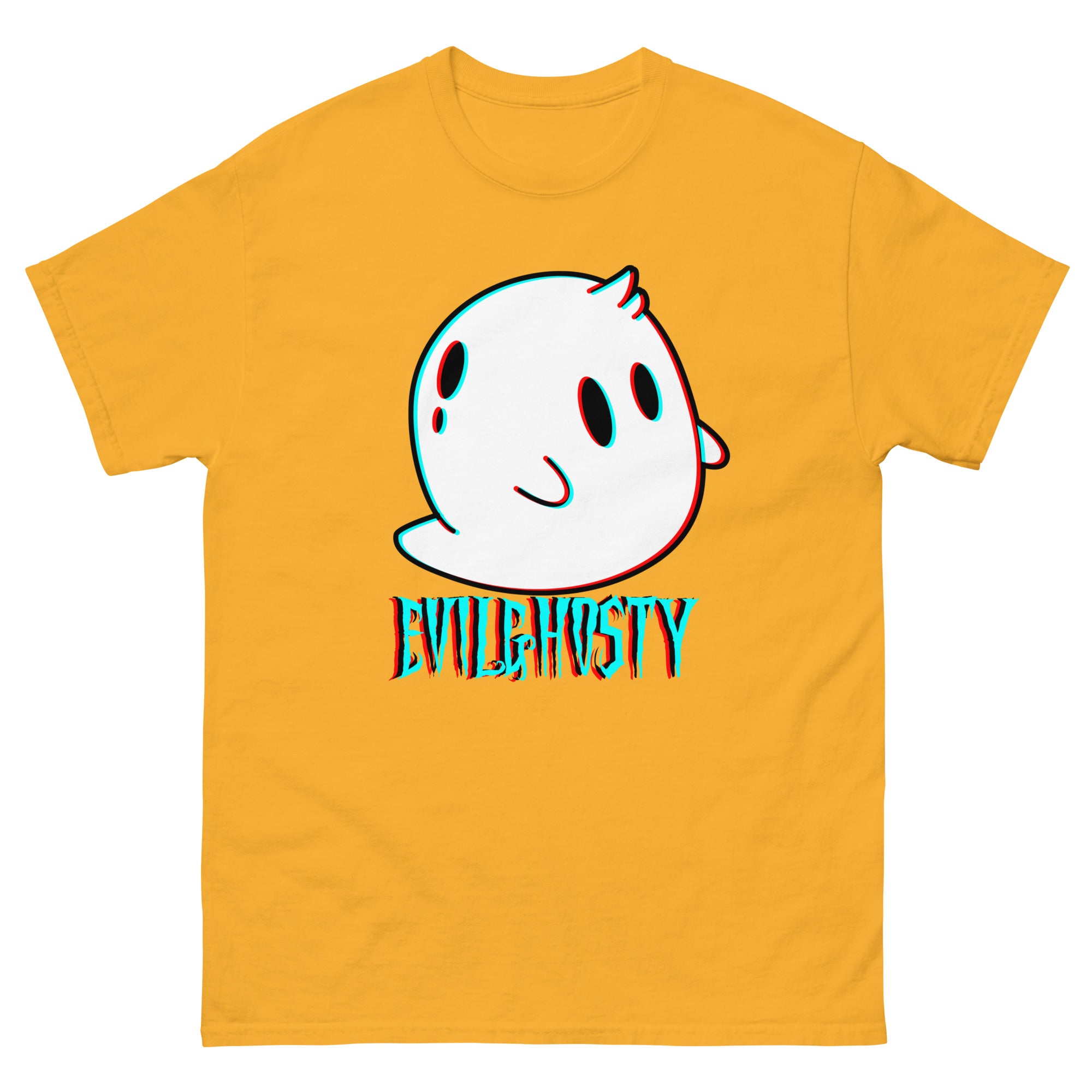 Yellow teeshirt with ghost logo and text "EVILGHOSTY" on it.