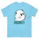 Baby blue teeshirt with ghost logo and text "EVILGHOSTY" on it.