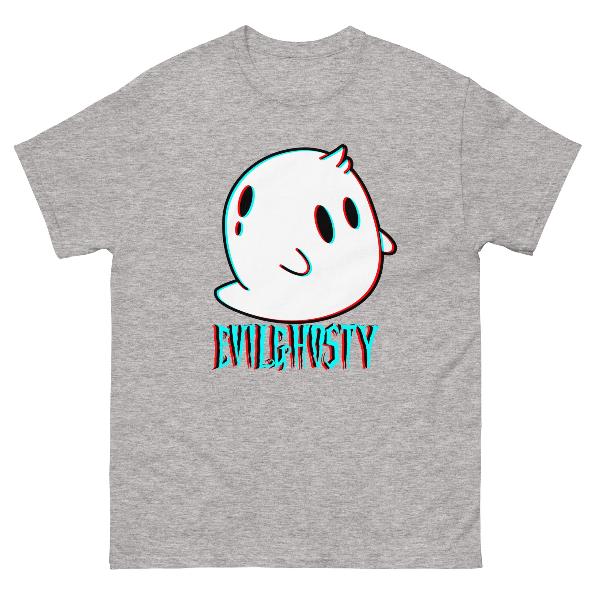 Grey teeshirt with ghost logo and text "EVILGHOSTY" on it.