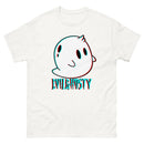 White teeshirt with ghost logo and text "EVILGHOSTY" on it.